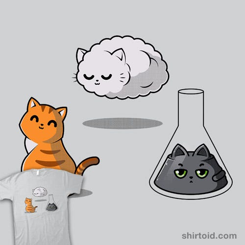 A cat can alternate between solid liquid and gas | source https://shirtoid.com/204331/three-states-of-matter/